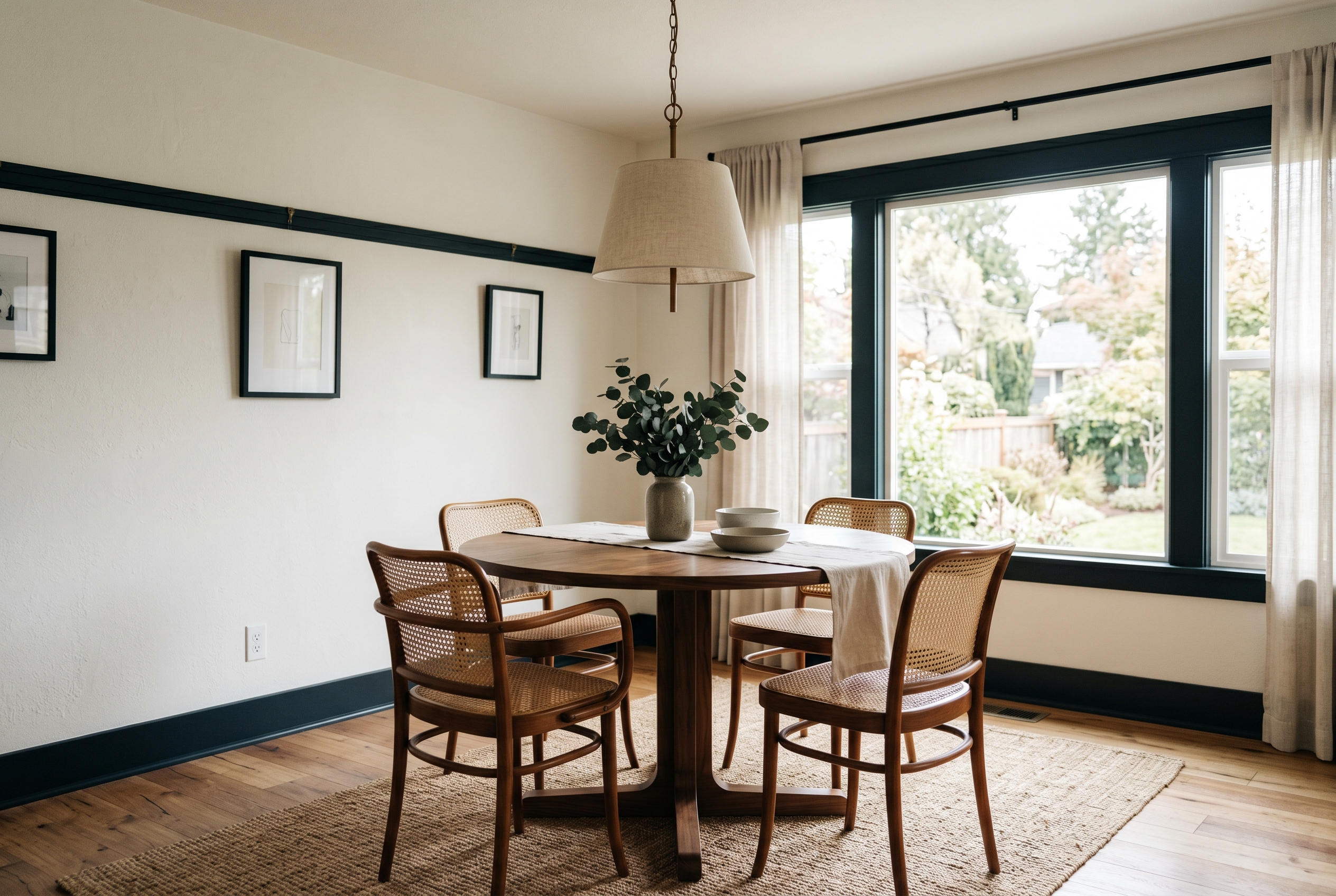 Bone-white dining room with inky trim